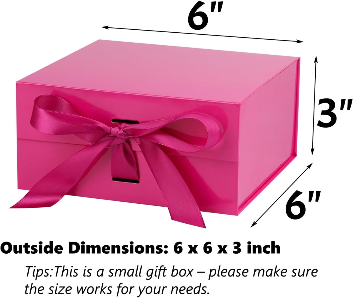 Bright Pink Gift Box,6x6x3 Inches Gift Boxes with Lids for Presents with Magnetic Closure and Ribbon for Wedding,Storage,Birthday