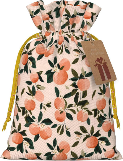 Fruits Peach 2 Pattern Holiday Gift Bags Christmas Burlap Gift Bags Drawstring for Wedding Party Favors Xmas Gifts Couple Shower Small