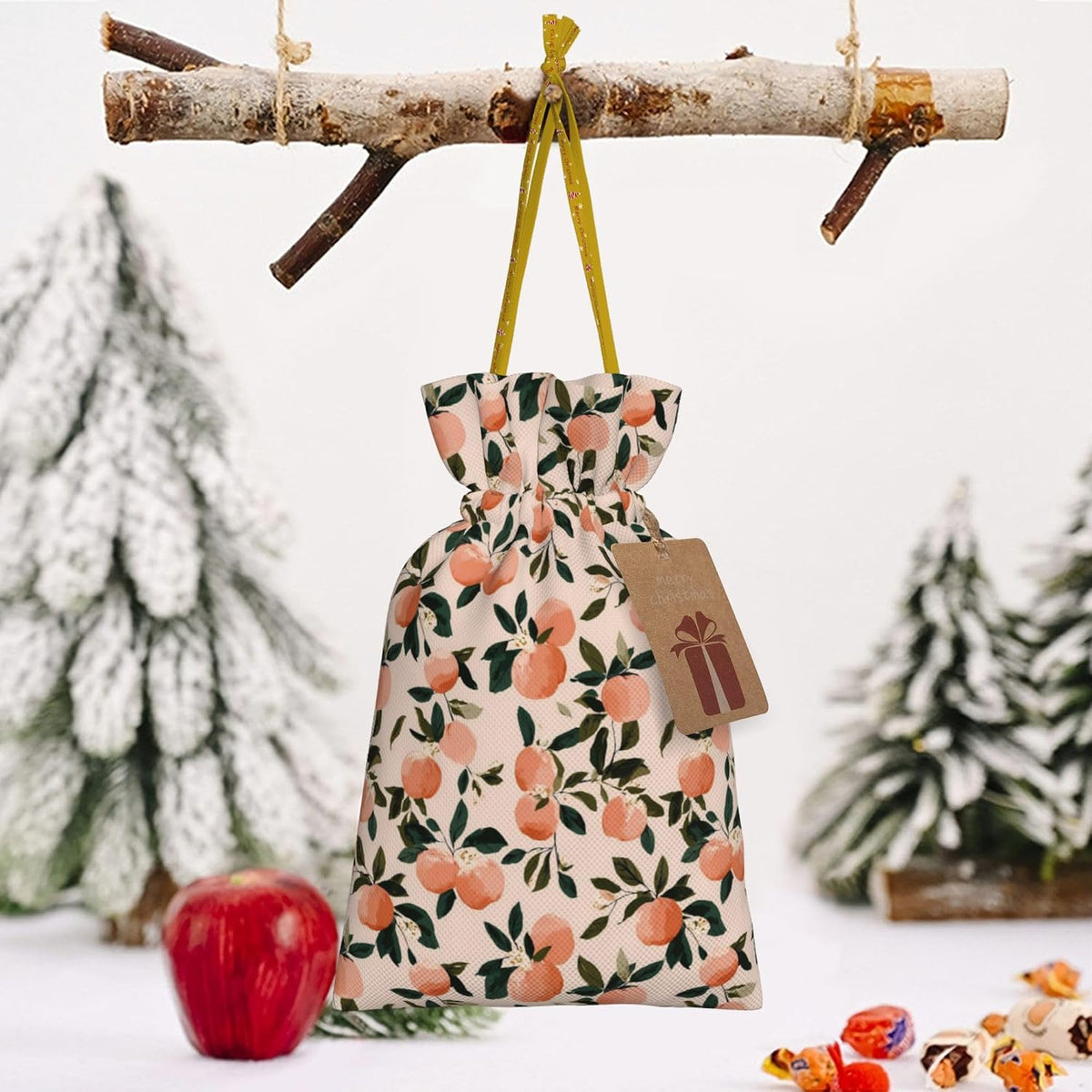 Fruits Peach 2 Pattern Holiday Gift Bags Christmas Burlap Gift Bags Drawstring for Wedding Party Favors Xmas Gifts Couple Shower Small