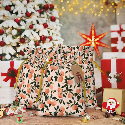 Fruits Peach 2 Pattern Holiday Gift Bags Christmas Burlap Gift Bags Drawstring for Wedding Party Favors Xmas Gifts Couple Shower Small