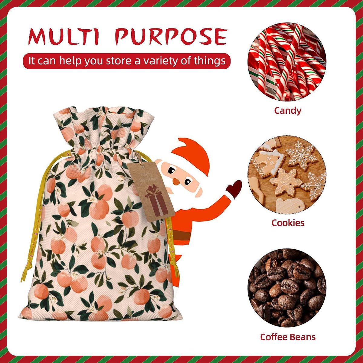 Fruits Peach 2 Pattern Holiday Gift Bags Christmas Burlap Gift Bags Drawstring for Wedding Party Favors Xmas Gifts Couple Shower Small