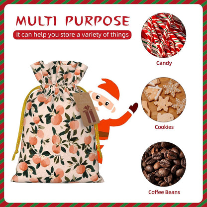 Fruits Peach 2 Pattern Holiday Gift Bags Christmas Burlap Gift Bags Drawstring for Wedding Party Favors Xmas Gifts Couple Shower Small