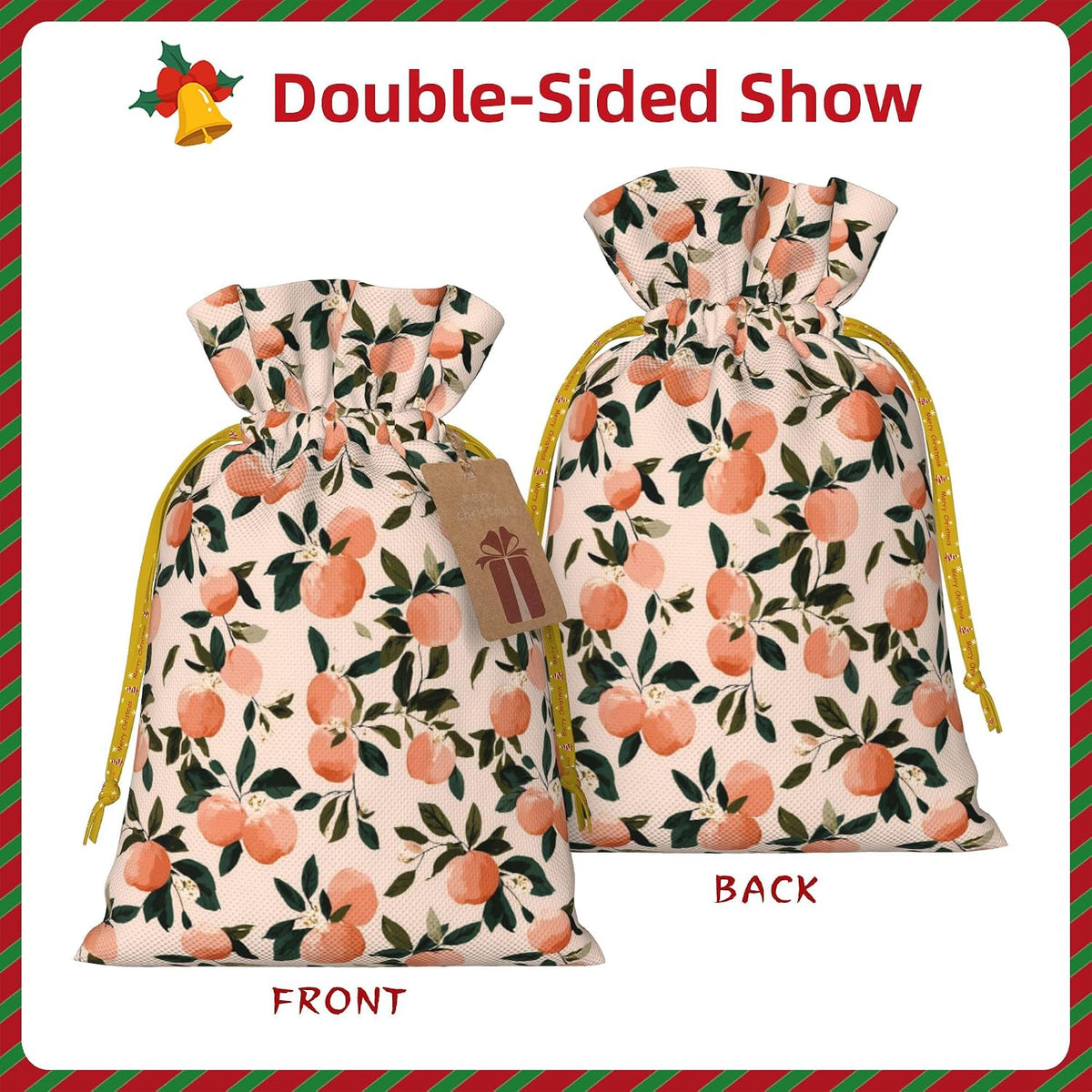 Fruits Peach 2 Pattern Holiday Gift Bags Christmas Burlap Gift Bags Drawstring for Wedding Party Favors Xmas Gifts Couple Shower Small