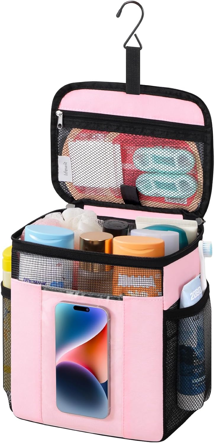 Mesh Shower Caddy, Hanging Bathroom Organizer with PVC Phone Bag