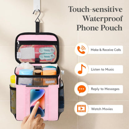 Mesh Shower Caddy, Hanging Bathroom Organizer with PVC Phone Bag