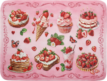 Strawberry Dish Drying Rack Mat Pink Absorbent Microfiber Dish Drying Mat for Kitchen Counter 18x24 In