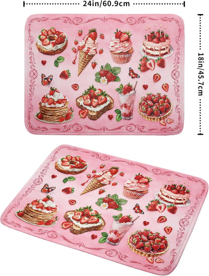 Strawberry Dish Drying Rack Mat Pink Absorbent Microfiber Dish Drying Mat for Kitchen Counter 18x24 In