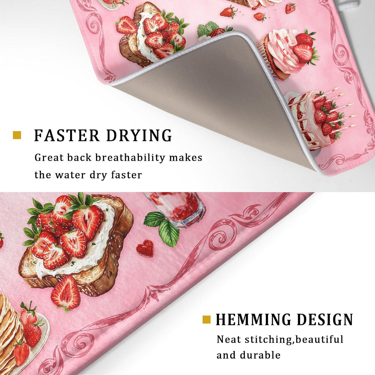 Strawberry Dish Drying Rack Mat Pink Absorbent Microfiber Dish Drying Mat for Kitchen Counter 18x24 In
