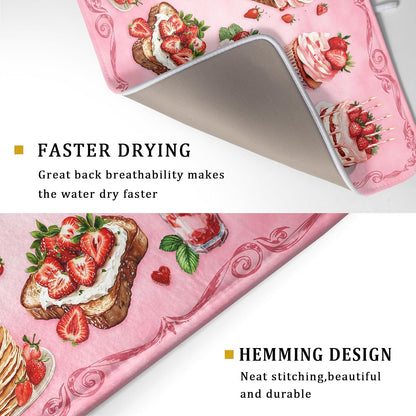 Strawberry Dish Drying Rack Mat Pink Absorbent Microfiber Dish Drying Mat for Kitchen Counter 18x24 In