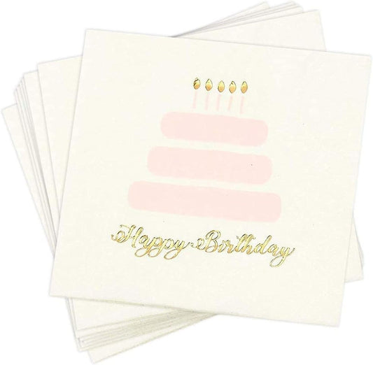 50 Pack Happy Birthday Cocktail Napkins for Women with Gold Foil Accents (Light Pink, 5 x 5 In)