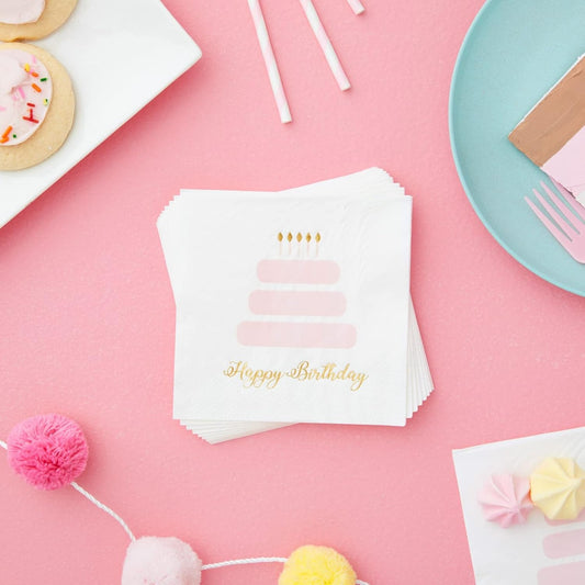 50 Pack Happy Birthday Cocktail Napkins for Women with Gold Foil Accents (Light Pink, 5 x 5 In)