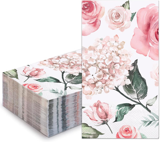 WRAPAHOLIC 50Pcs Watercolor Floral Napkins - 3-Ply Guest Disposable Hand Towels for Bathroom, Wedding Bridal Baby Shower Tea Party Birthday - 4.3 x 7.9 In