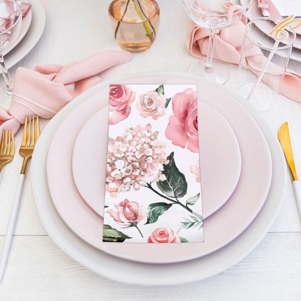 WRAPAHOLIC 50Pcs Watercolor Floral Napkins - 3-Ply Guest Disposable Hand Towels for Bathroom, Wedding Bridal Baby Shower Tea Party Birthday - 4.3 x 7.9 In