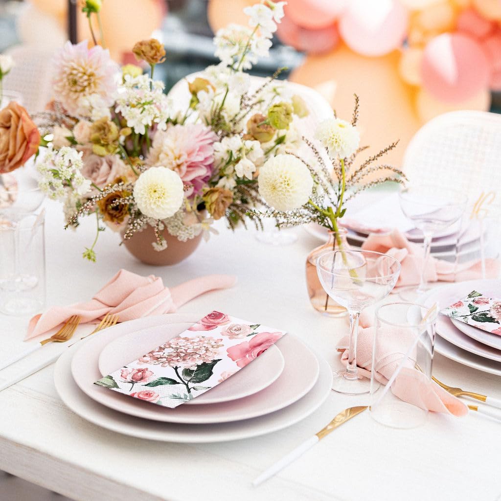 WRAPAHOLIC 50Pcs Watercolor Floral Napkins - 3-Ply Guest Disposable Hand Towels for Bathroom, Wedding Bridal Baby Shower Tea Party Birthday - 4.3 x 7.9 In