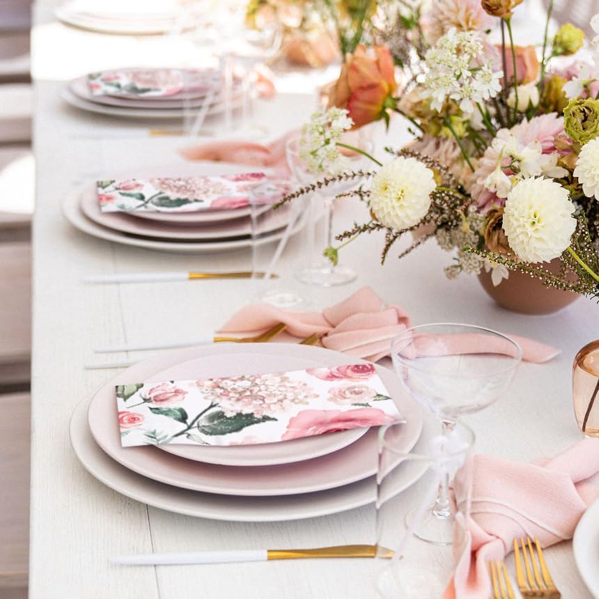 WRAPAHOLIC 50Pcs Watercolor Floral Napkins - 3-Ply Guest Disposable Hand Towels for Bathroom, Wedding Bridal Baby Shower Tea Party Birthday - 4.3 x 7.9 In
