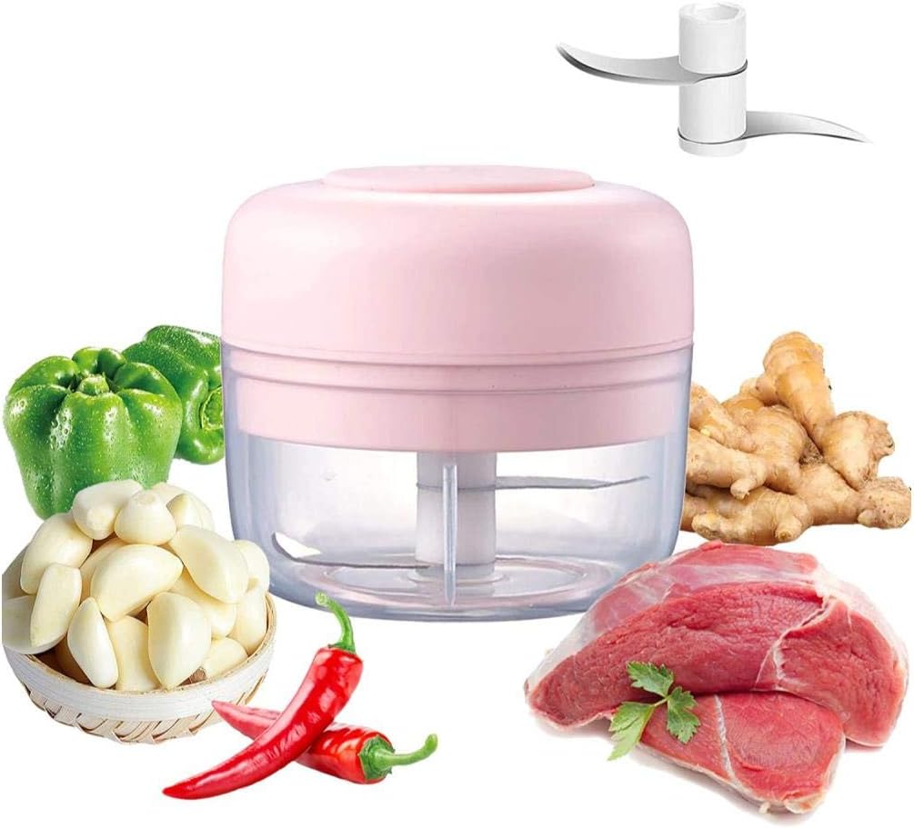 New Electric Garlic Chopper Mini Portable Vegetable Grinder Crusher Rechargeable Durable Press Cordless Upgrade Food Blender Dicer for Meat Vegetable Onion Salsa Salad Pesto Coleslaw (Pink -100)