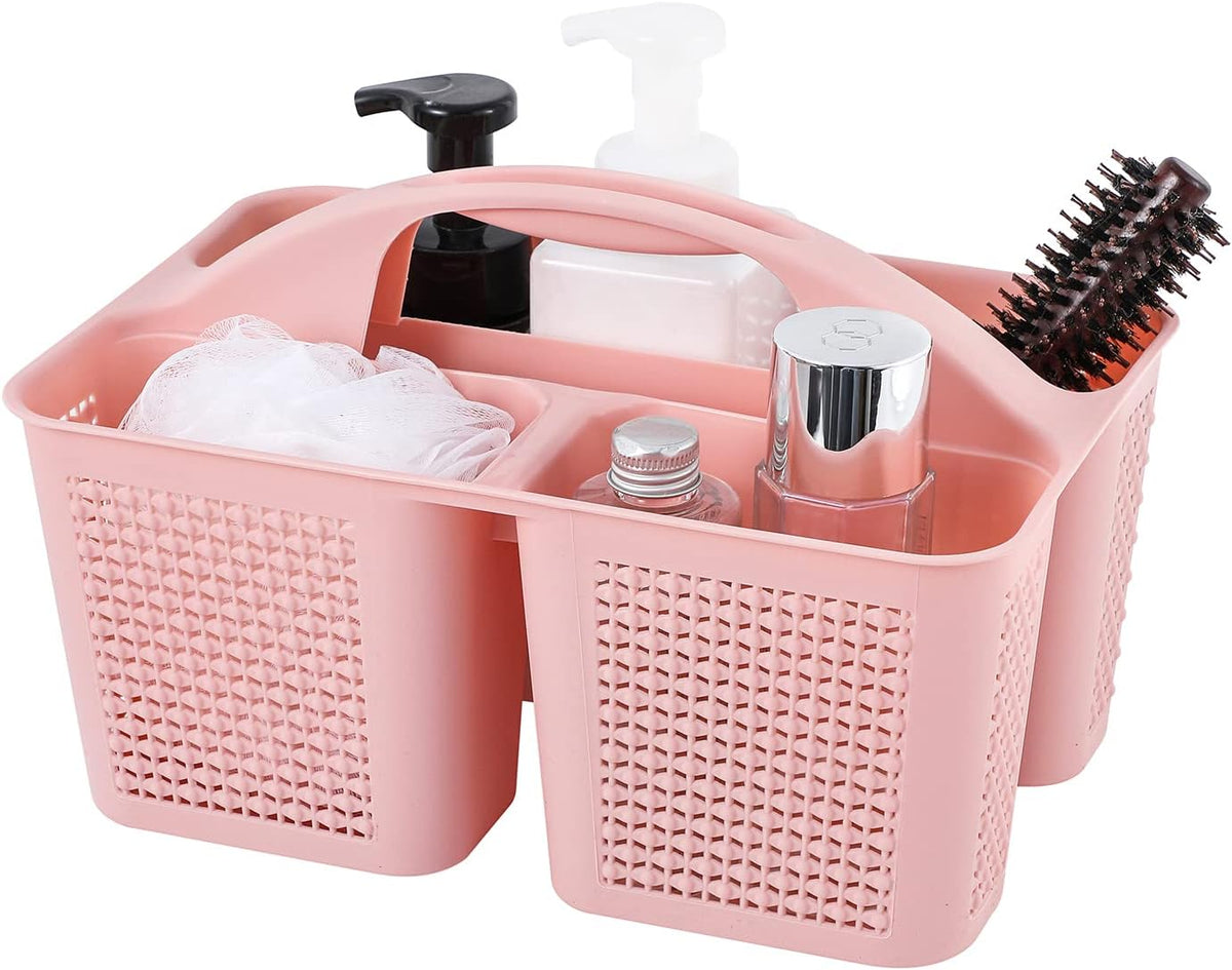 Plastic Portable Shower Caddy Basket with Handle, 3 Compartments, Pink