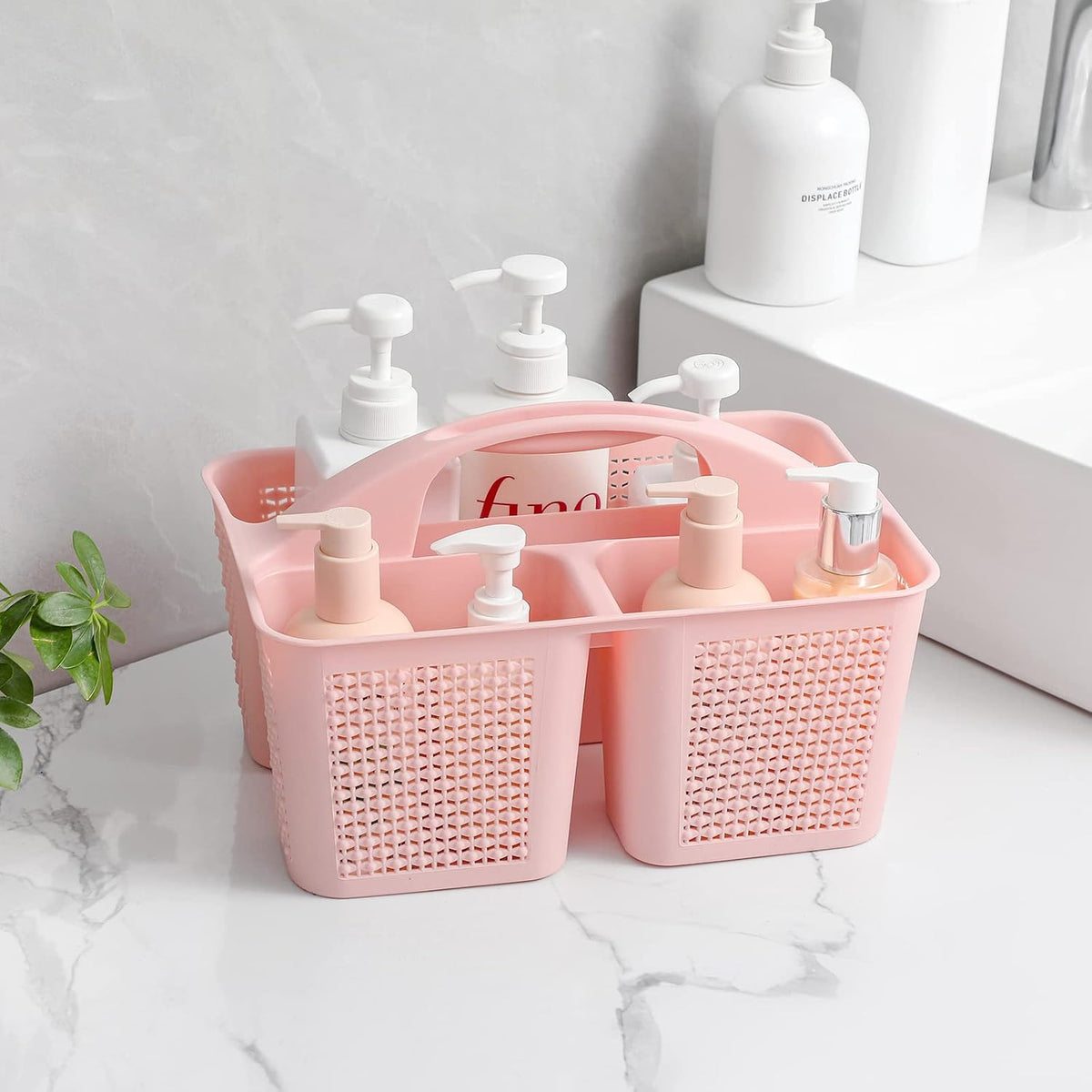 Plastic Portable Shower Caddy Basket with Handle, 3 Compartments, Pink
