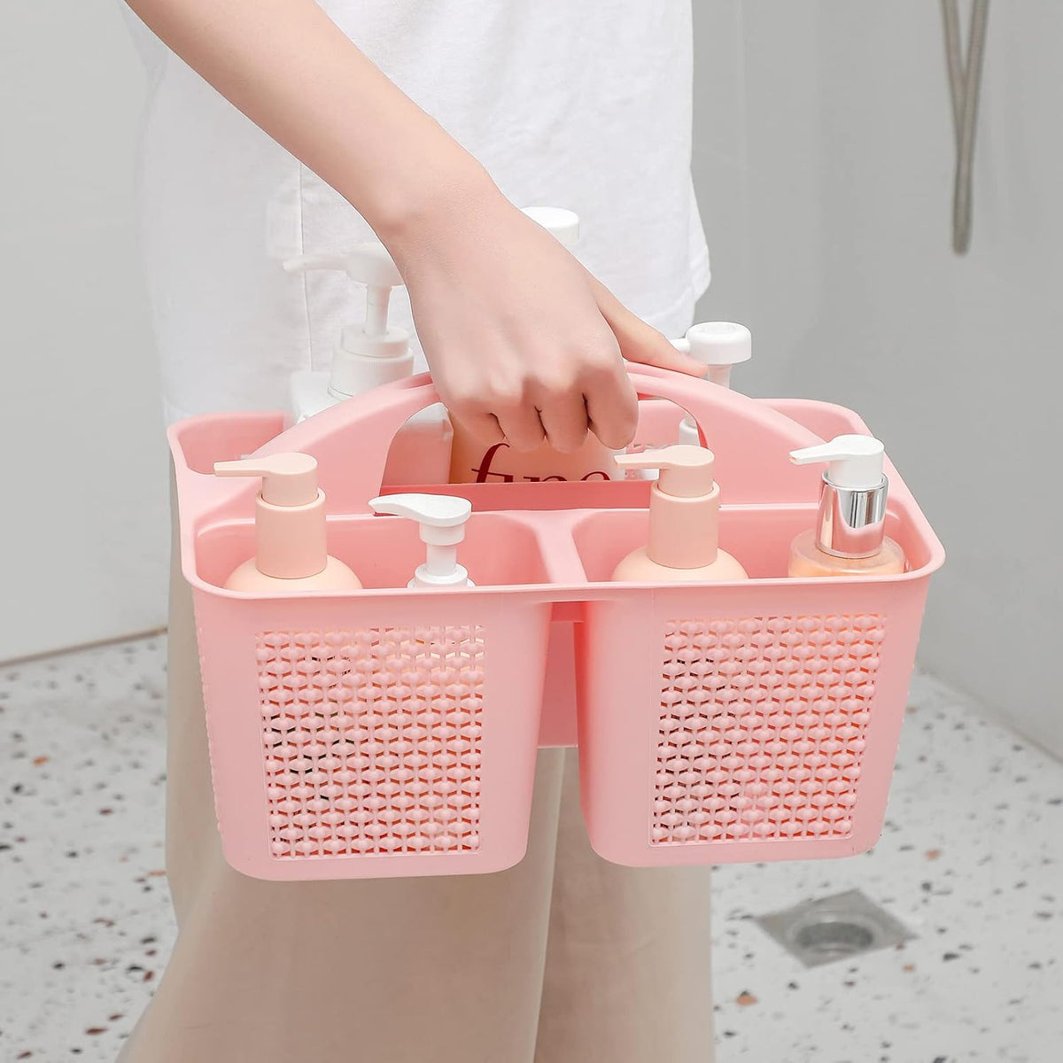 Plastic Portable Shower Caddy Basket with Handle, 3 Compartments, Pink