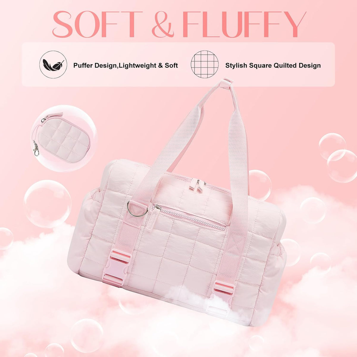 Small Gym Bag for Women, Puffy Sports Duffel Bag with Yoga Mat Holder