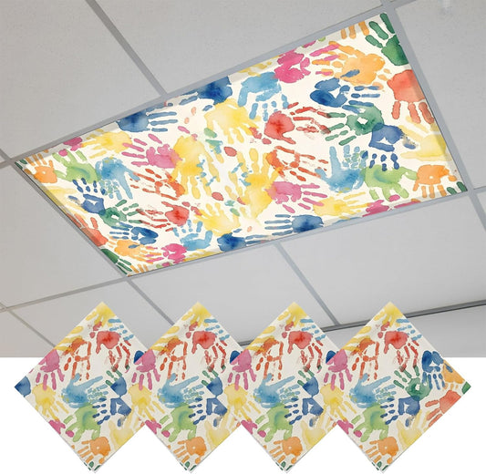 Handprints Fluorescent Light Covers 4 Pack Modern Boho Nursery Blue Green Pink Colorful Paint Splatters Magnetic Fluorescent Ceiling Lights Filters for Office Classroom Home Drop Ceiling 4x2 Feet