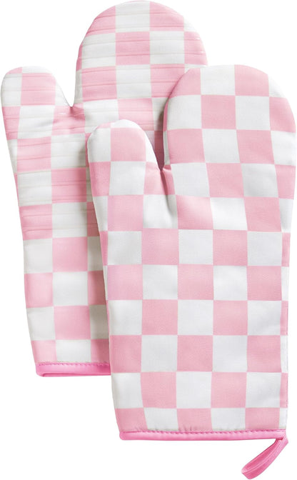 Pink Checkered Oven Mitts Heat Resistant, Vintage Retro Checkerboard Cute Oven Mitts, Non-Slip Silicone Kitchen Gloves 1 Pair 7''x13''