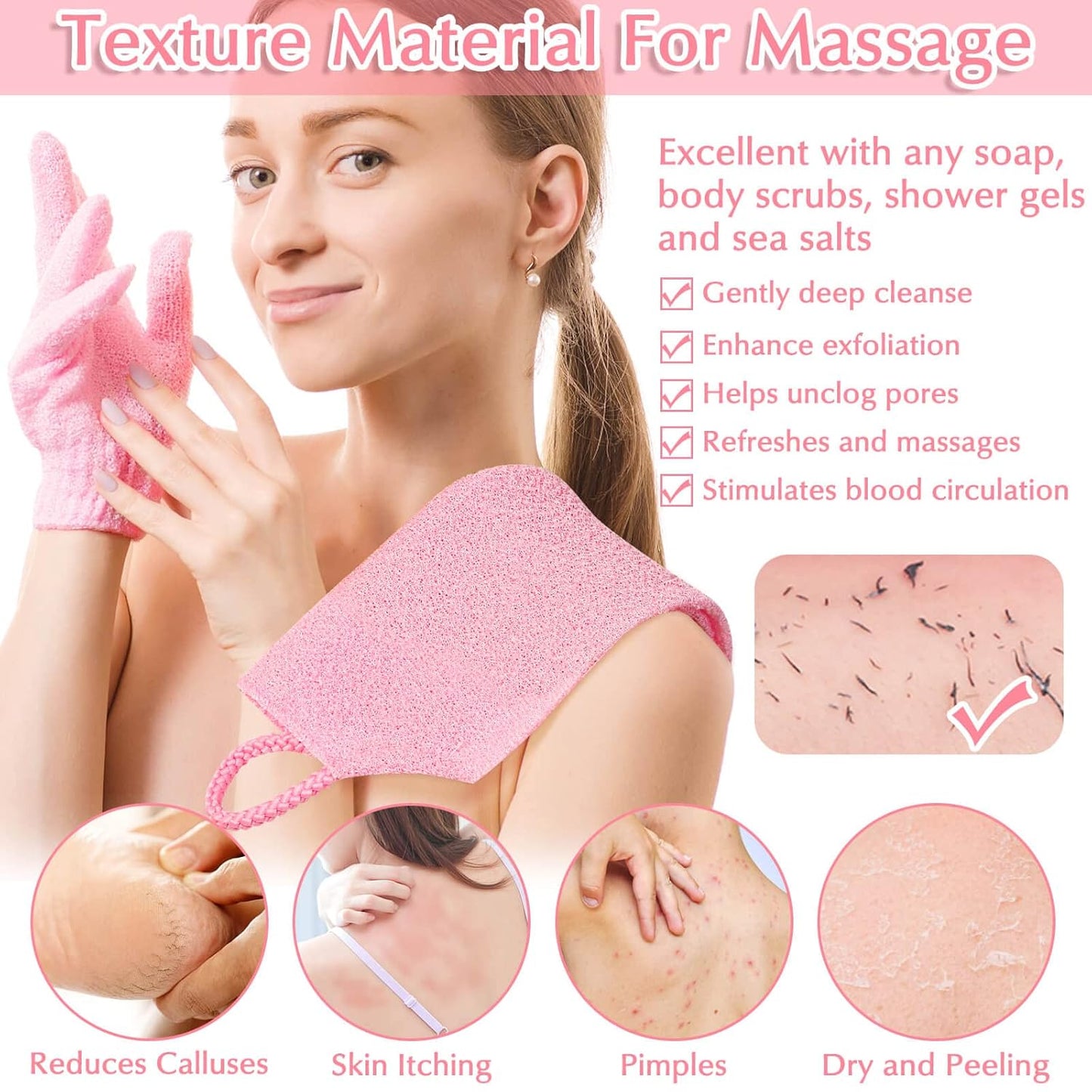 Exfoliating Shower Bath Gloves Back Scrubber Set for Body, Face, Shower, Bath, Scrub and Exfoliator (Pink)