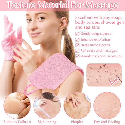 Exfoliating Shower Bath Gloves Back Scrubber Set for Body, Face, Shower, Bath, Scrub and Exfoliator (Pink)