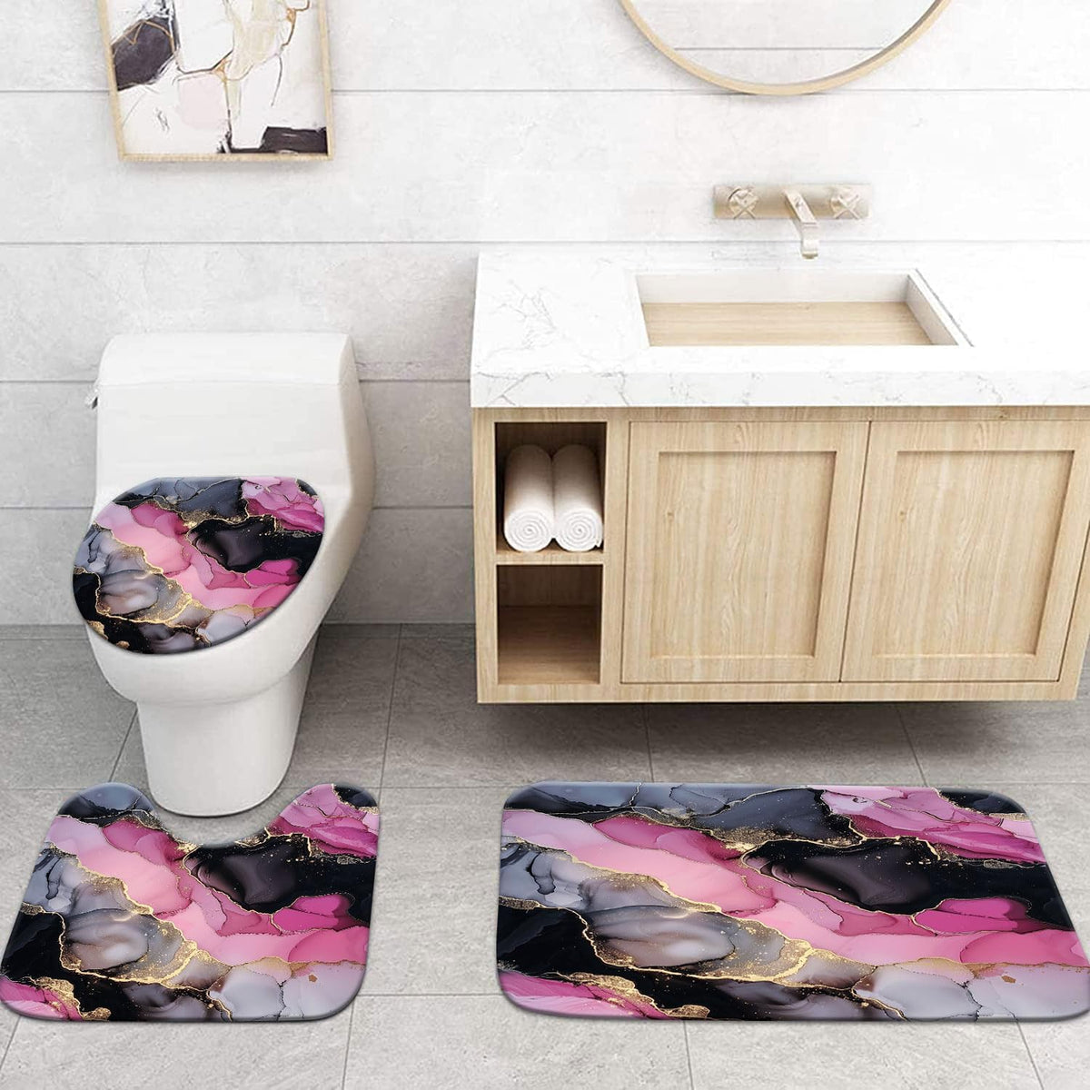 Pink and Black Bathroom Decor Shower Curtain Set Abstract Pink Gold Shower Curtain and Rugs 4 Pcs, Waterproof Modern Marble Texture Bath Mat Carpet Guest Toilet Restroom Bathroom Accessories
