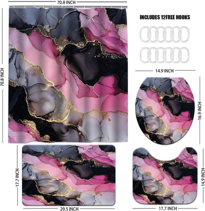 Pink and Black Bathroom Decor Shower Curtain Set Abstract Pink Gold Shower Curtain and Rugs 4 Pcs, Waterproof Modern Marble Texture Bath Mat Carpet Guest Toilet Restroom Bathroom Accessories