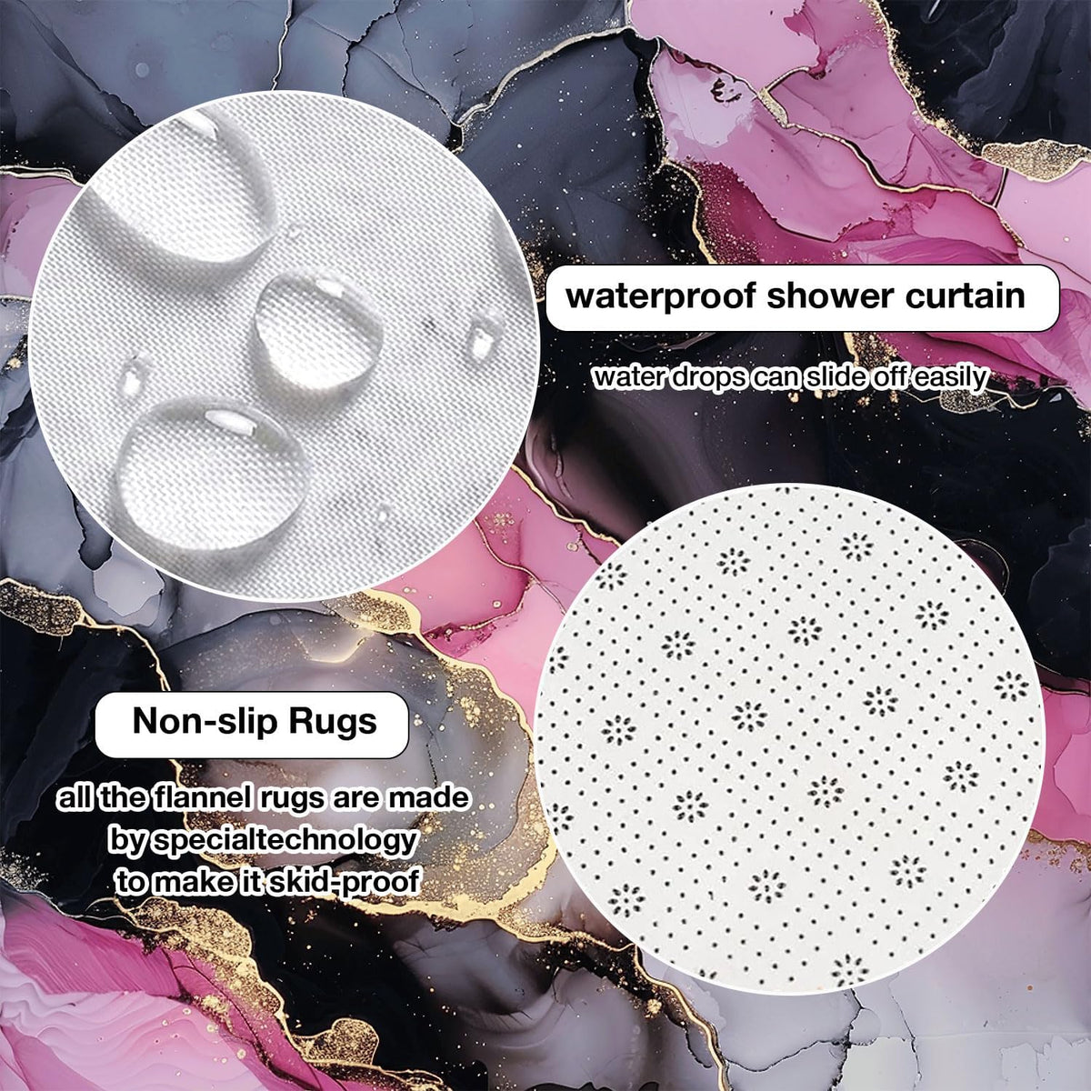 Pink and Black Bathroom Decor Shower Curtain Set Abstract Pink Gold Shower Curtain and Rugs 4 Pcs, Waterproof Modern Marble Texture Bath Mat Carpet Guest Toilet Restroom Bathroom Accessories