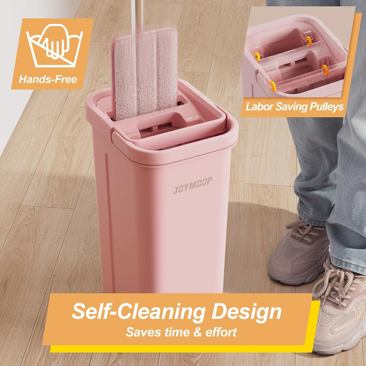 Pink Mop and Bucket with Wringer Set for Home, with 3 Reusable Microfiber Mop Pads, Hands-Free Self-Cleaning System, Suitable for Floor Cleaning and Wall Cleaner