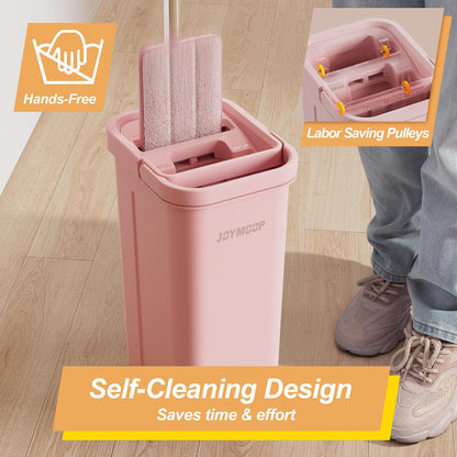 Pink Mop and Bucket with Wringer Set for Home, with 3 Reusable Microfiber Mop Pads, Hands-Free Self-Cleaning System, Suitable for Floor Cleaning and Wall Cleaner