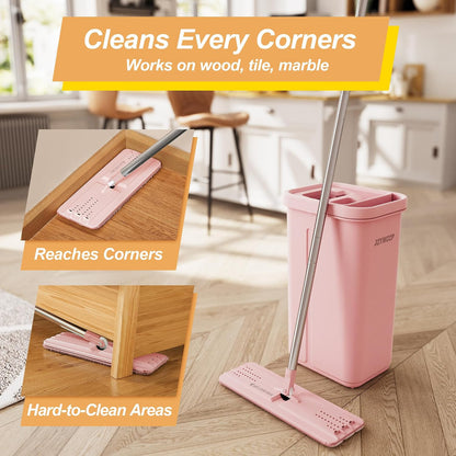 Pink Mop and Bucket with Wringer Set for Home, with 3 Reusable Microfiber Mop Pads, Hands-Free Self-Cleaning System, Suitable for Floor Cleaning and Wall Cleaner