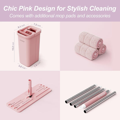 Pink Mop and Bucket with Wringer Set for Home, with 3 Reusable Microfiber Mop Pads, Hands-Free Self-Cleaning System, Suitable for Floor Cleaning and Wall Cleaner