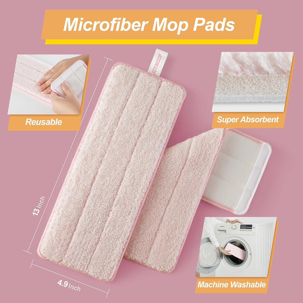Pink Mop and Bucket with Wringer Set for Home, with 3 Reusable Microfiber Mop Pads, Hands-Free Self-Cleaning System, Suitable for Floor Cleaning and Wall Cleaner