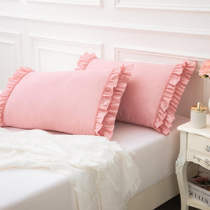 Light Pink Ruffle Pillow Case King Size Set of 2, 20"x36", Microfiber