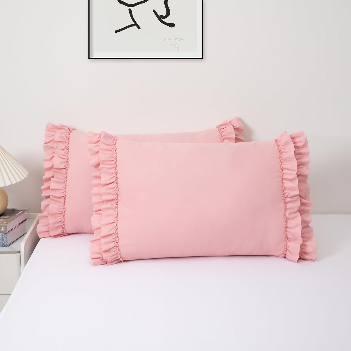 Light Pink Ruffle Pillow Case King Size Set of 2, 20"x36", Microfiber