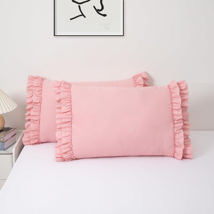 Light Pink Ruffle Pillow Case King Size Set of 2, 20"x36", Microfiber