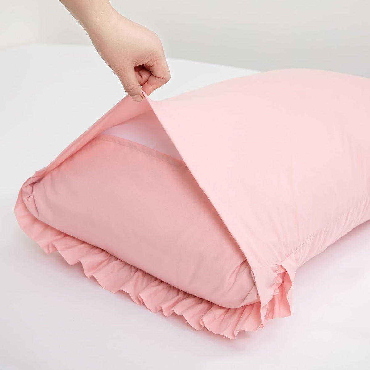 Light Pink Ruffle Pillow Case King Size Set of 2, 20"x36", Microfiber