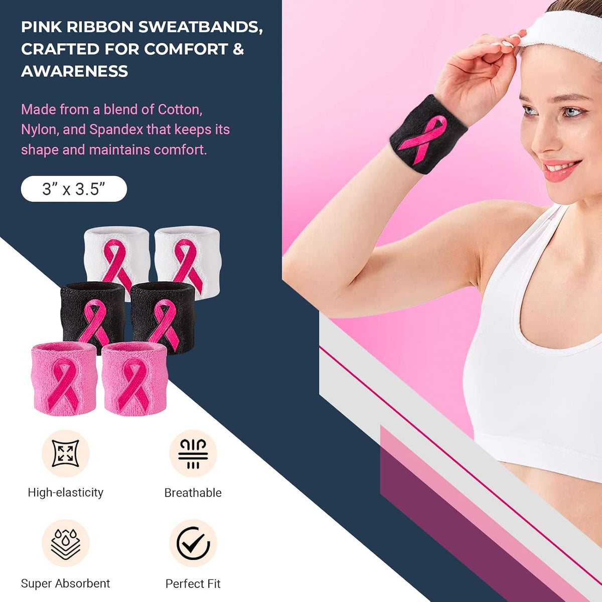 Pink Ribbon Wristbands - Bulk Breast Cancer Awareness Sweatbands