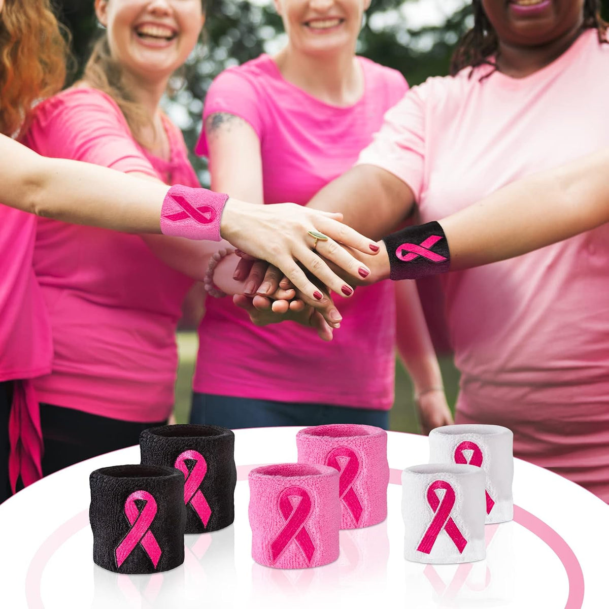 Pink Ribbon Wristbands - Bulk Breast Cancer Awareness Sweatbands