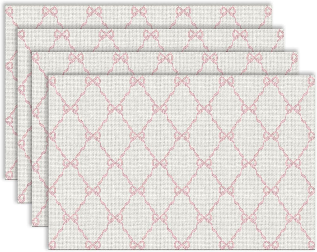 Coquette Pink Bow Placemats, Preppy Pastel Aesthetic Bowknot Girly Table Mats Washable Placemat for Home Party Kitchen Dining Room Decoration 12x18 Inch