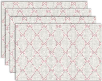 Coquette Pink Bow Placemats, Preppy Pastel Aesthetic Bowknot Girly Table Mats Washable Placemat for Home Party Kitchen Dining Room Decoration 12x18 Inch