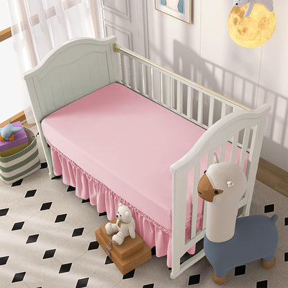 2 Piece Crib Bed Skirt Fitted Sheet,Light Pink,Girl,Baby,Toddler