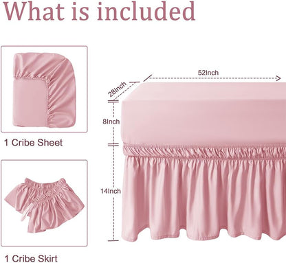 2 Piece Crib Bed Skirt Fitted Sheet,Light Pink,Girl,Baby,Toddler