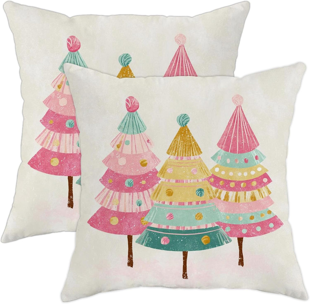 Christmas Tree Throw Pillow Covers Set of 2, Festive Fanciful Candy Ornament Xmas Peach Soft Velvet Washable Couch Pillow Covers for Living Room Bedroom Loft Office Car Decor 12x12 Inch