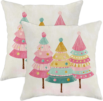 Christmas Tree Throw Pillow Covers Set of 2, Festive Fanciful Candy Ornament Xmas Peach Soft Velvet Washable Couch Pillow Covers for Living Room Bedroom Loft Office Car Decor 12x12 Inch