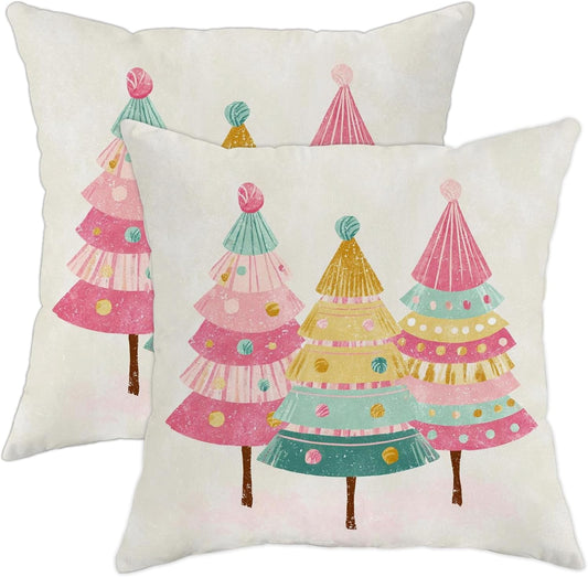 Christmas Tree Throw Pillow Covers Set of 2, Festive Fanciful Candy Ornament Xmas Peach Soft Velvet Washable Couch Pillow Covers for Living Room Bedroom Loft Office Car Decor 12x12 Inch