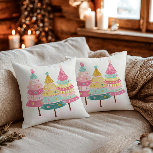 Christmas Tree Throw Pillow Covers Set of 2, Festive Fanciful Candy Ornament Xmas Peach Soft Velvet Washable Couch Pillow Covers for Living Room Bedroom Loft Office Car Decor 12x12 Inch